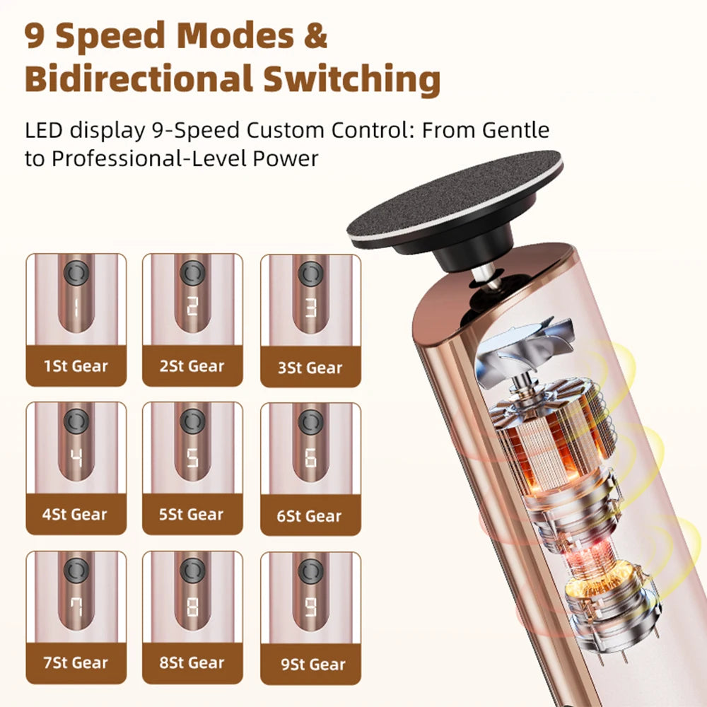 2 in 1 Electric Foot Callus Remover with Nail Drill File 9 Speeds Cordless Pedicure Tools for Dead Skin Calluses